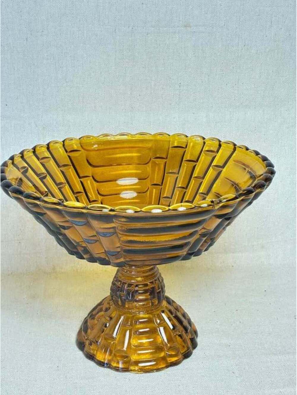 Vintage Amber Glass Bamboo Pattern Compote Bowl